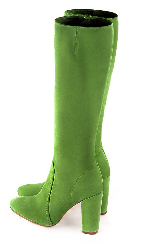 Grass green women's feminine knee-high boots. Round toe. High block heels. Made to measure. Rear view - Florence KOOIJMAN